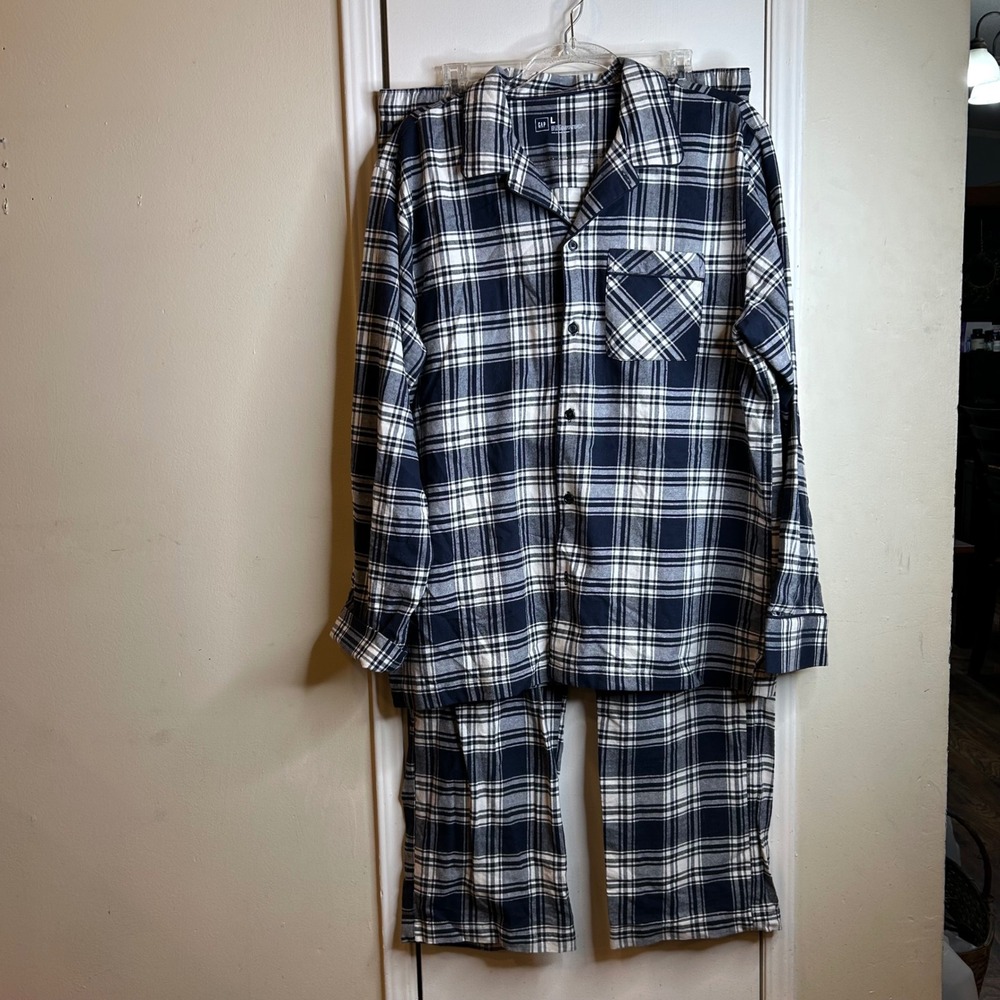 Gap Mens Blue White Plaid Flannel Pajama Set Large Button Up Sleepwear 2 Piece